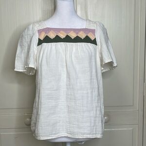 Madewell Women’s White Linen Patchwork Square Neck Short Sleeve Shirt Size M